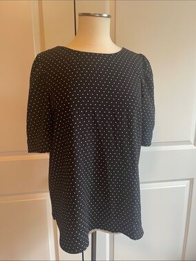 LOFT Black Polka Dot Classic Short Sleeve Blouse Size Medium